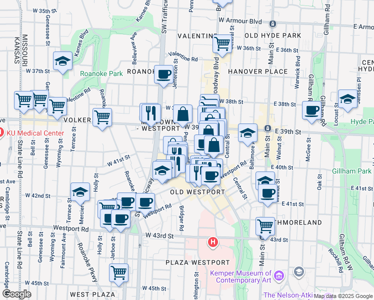 map of restaurants, bars, coffee shops, grocery stores, and more near 522 West 39th Terrace in Kansas City