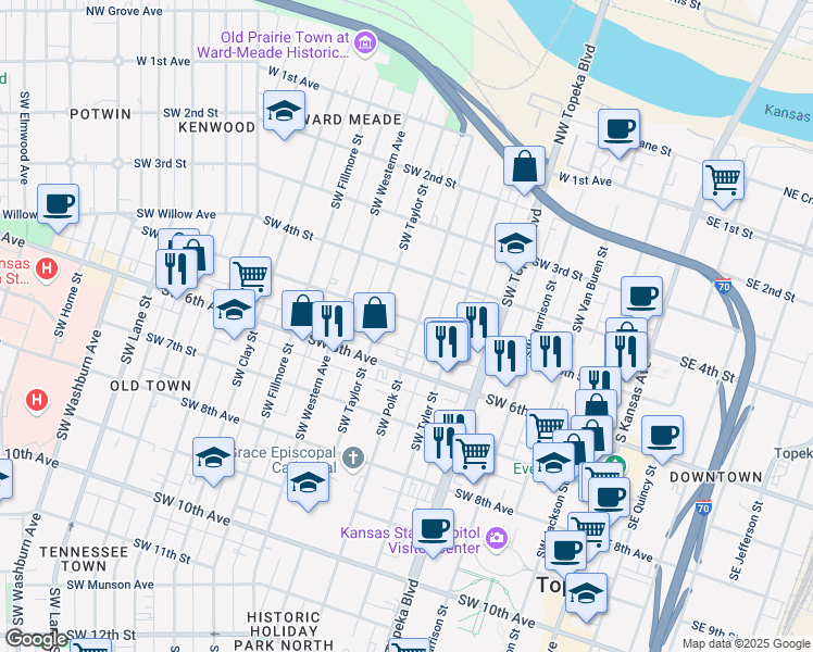 map of restaurants, bars, coffee shops, grocery stores, and more near 711 Southwest 5th Street in Topeka