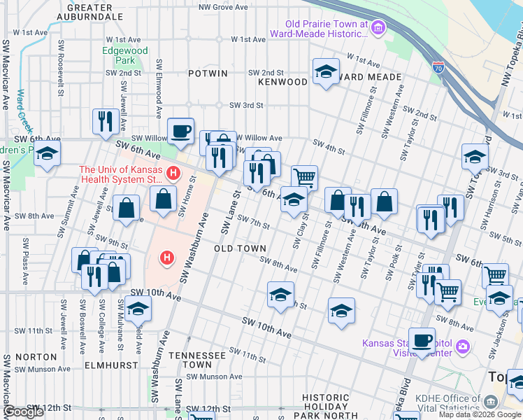 map of restaurants, bars, coffee shops, grocery stores, and more near 619 SW Lincoln St in Topeka