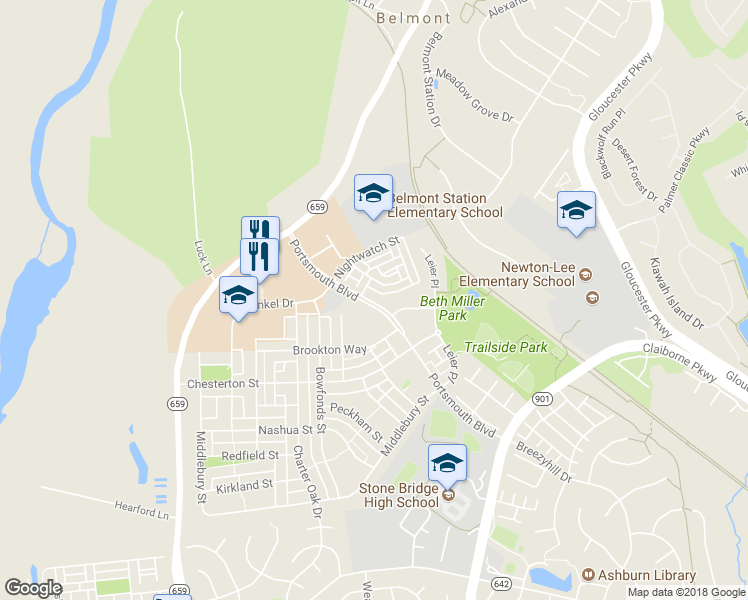 map of restaurants, bars, coffee shops, grocery stores, and more near 20278 Portsmouth Boulevard in Ashburn