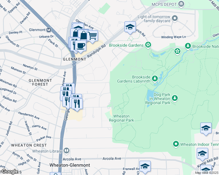 map of restaurants, bars, coffee shops, grocery stores, and more near 2106 Georgian Woods Place in Wheaton-Glenmont