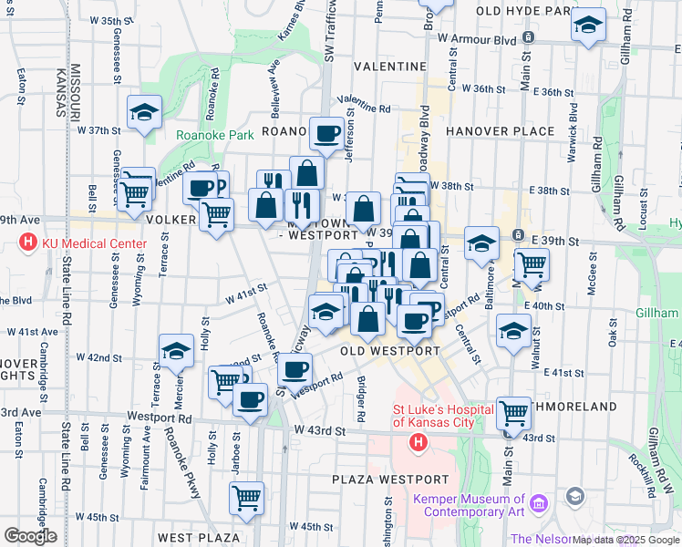 map of restaurants, bars, coffee shops, grocery stores, and more near 622 West 40th Street in Kansas City