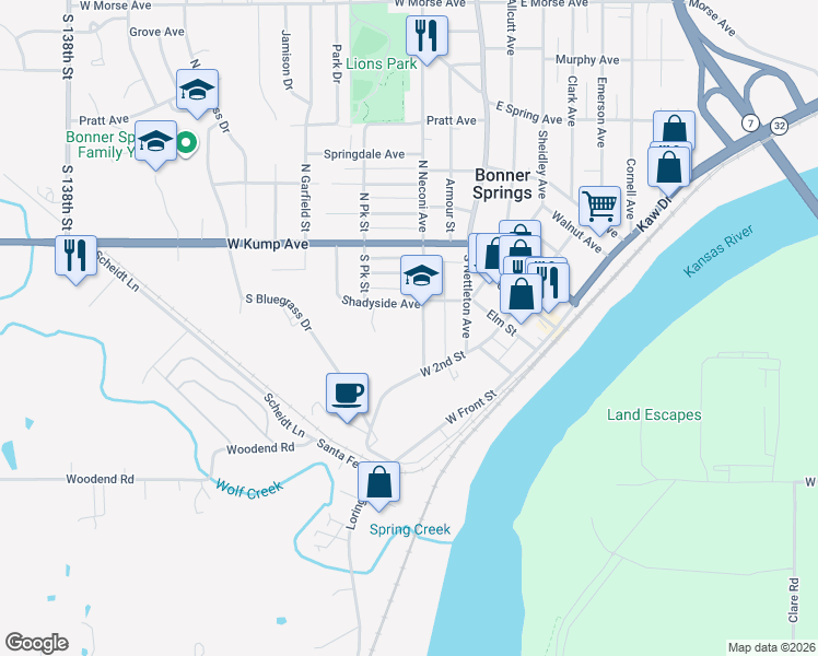 map of restaurants, bars, coffee shops, grocery stores, and more near 212 South Neconi Avenue in Bonner Springs