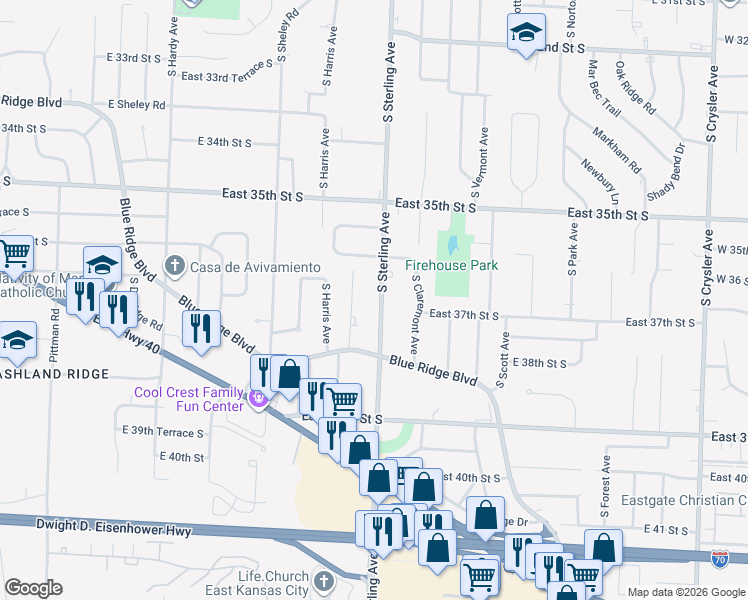 map of restaurants, bars, coffee shops, grocery stores, and more near 3724 South Sterling Avenue in Independence