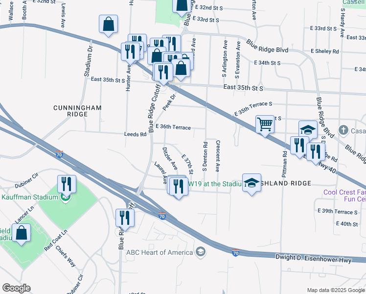 map of restaurants, bars, coffee shops, grocery stores, and more near 9205 East 37th Street in Kansas City