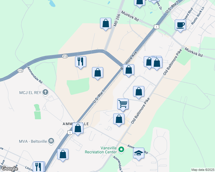 map of restaurants, bars, coffee shops, grocery stores, and more near 12140 Baltimore Ave in Beltsville