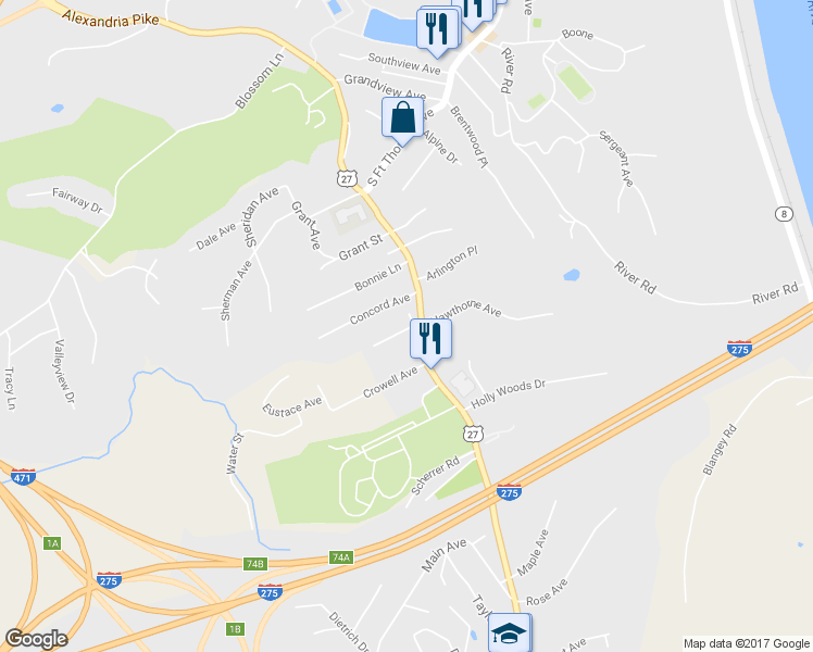 map of restaurants, bars, coffee shops, grocery stores, and more near 1321a Pleasant Avenue in Fort Thomas