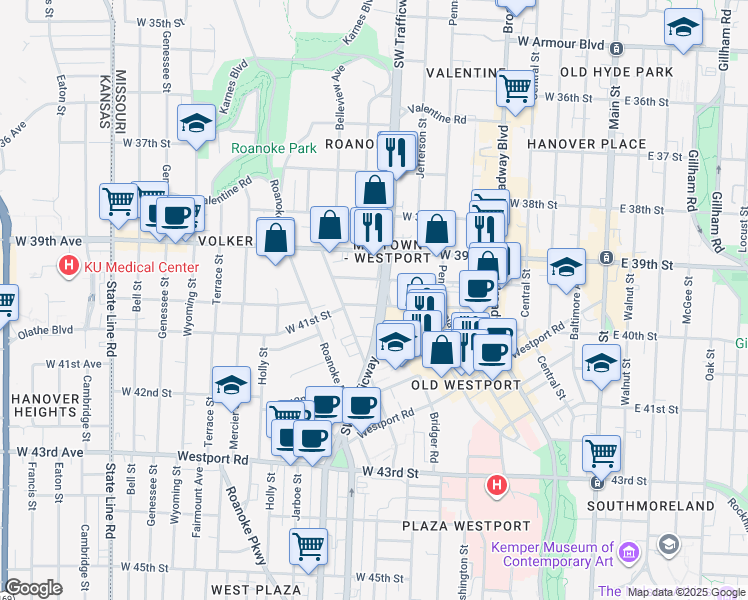 map of restaurants, bars, coffee shops, grocery stores, and more near 816 West 40th Street in Kansas City