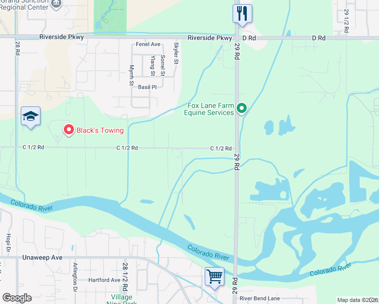 map of restaurants, bars, coffee shops, grocery stores, and more near 2877-2885 C 1/2 Road in Grand Junction