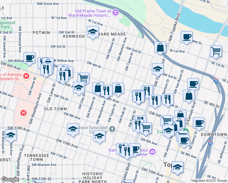 map of restaurants, bars, coffee shops, grocery stores, and more near 519 Southwest Taylor Street in Topeka