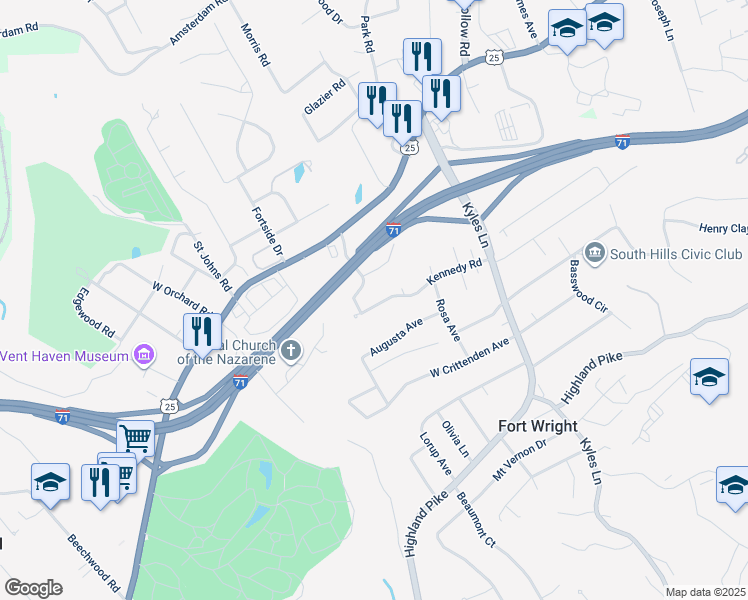 map of restaurants, bars, coffee shops, grocery stores, and more near 127 Kennedy Road in Covington