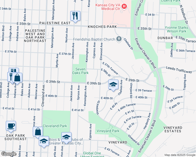 map of restaurants, bars, coffee shops, grocery stores, and more near 3828 Cypress Avenue in Kansas City