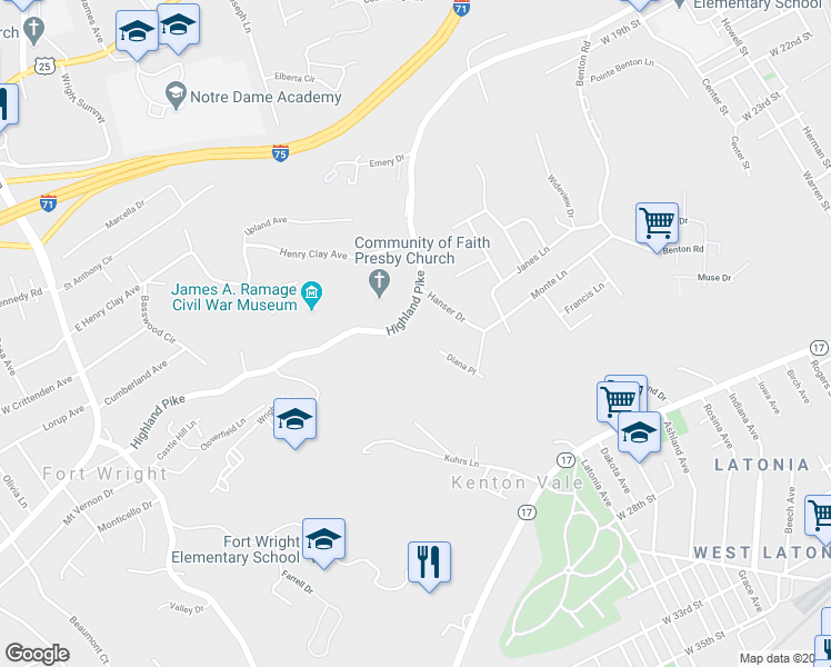 map of restaurants, bars, coffee shops, grocery stores, and more near 1325 Highland Avenue in Fort Wright