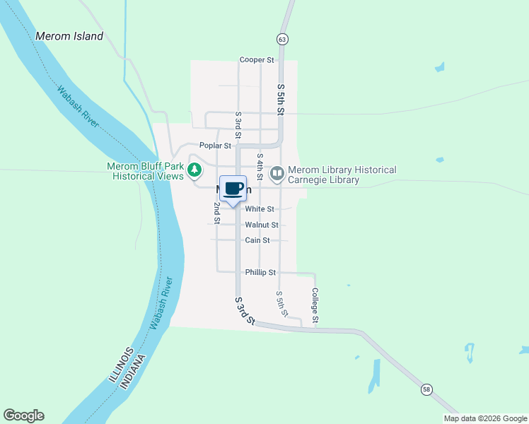 map of restaurants, bars, coffee shops, grocery stores, and more near 8559 White Street in Merom