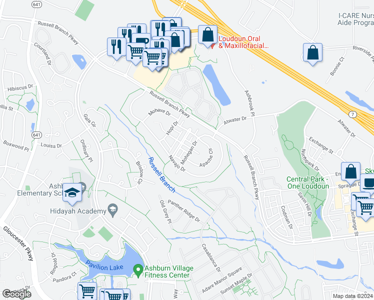 map of restaurants, bars, coffee shops, grocery stores, and more near 44303 Pawnee Terrace in Ashburn