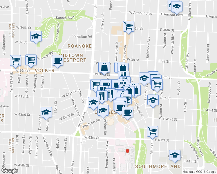 map of restaurants, bars, coffee shops, grocery stores, and more near 3987 Pennsylvania Avenue in Kansas City