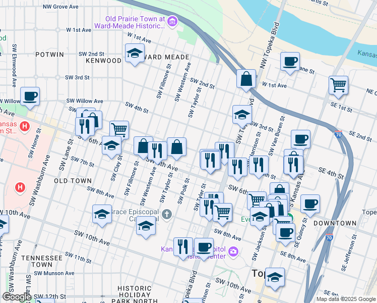 map of restaurants, bars, coffee shops, grocery stores, and more near 711 Southwest 5th Street in Topeka