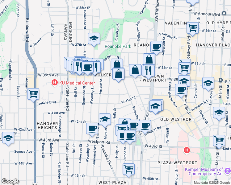 map of restaurants, bars, coffee shops, grocery stores, and more near 1202 West 40th Street in Kansas City