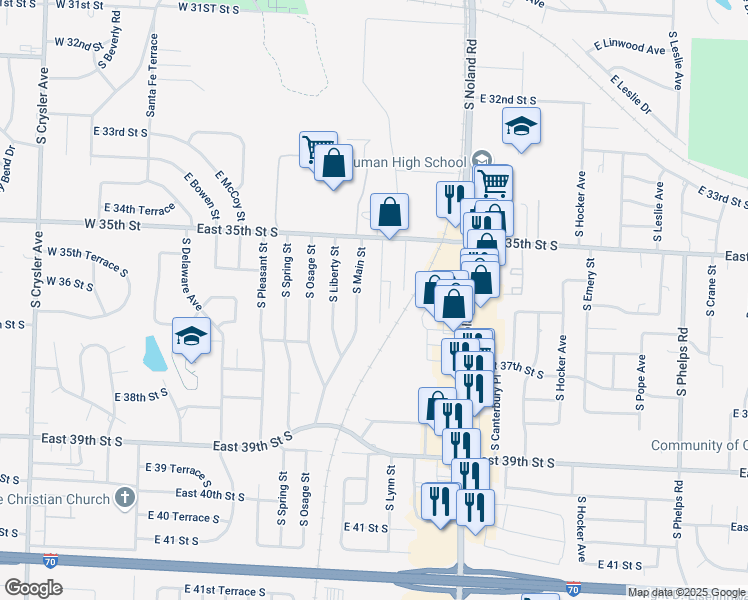 map of restaurants, bars, coffee shops, grocery stores, and more near 3536 South Lynn Street in Independence