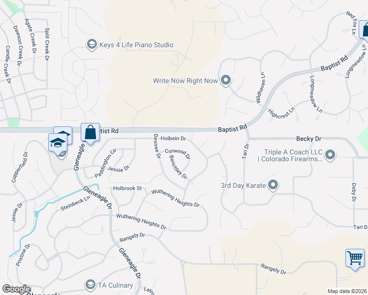 map of restaurants, bars, coffee shops, grocery stores, and more near 15505 Curwood Drive in Colorado Springs