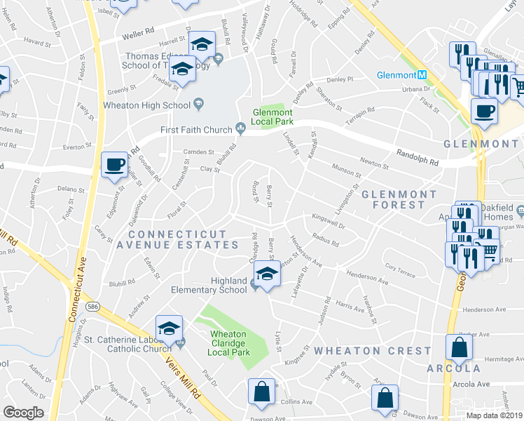 map of restaurants, bars, coffee shops, grocery stores, and more near 12212 Bond Street in Silver Spring