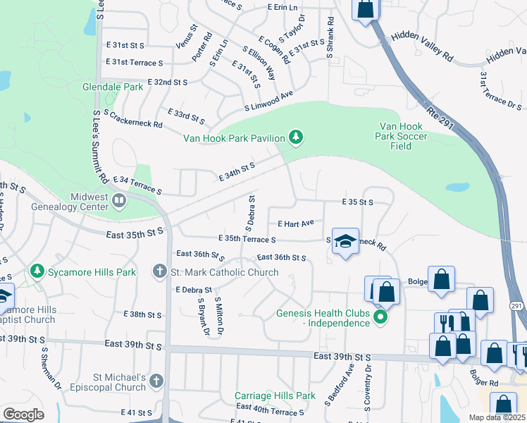 map of restaurants, bars, coffee shops, grocery stores, and more near 3508 South Kendall Drive in Independence
