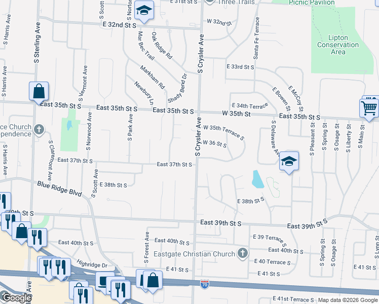 map of restaurants, bars, coffee shops, grocery stores, and more near 3612 South Crysler Avenue in Independence