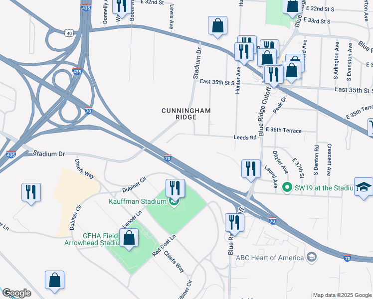 map of restaurants, bars, coffee shops, grocery stores, and more near 8809 Leeds Road in Kansas City