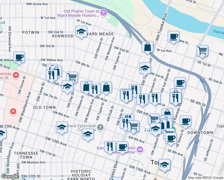 map of restaurants, bars, coffee shops, grocery stores, and more near 711 Southwest 5th Street in Topeka