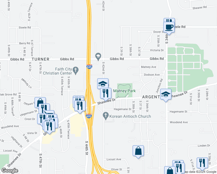 map of restaurants, bars, coffee shops, grocery stores, and more near 2570 South 42nd Street in Kansas City