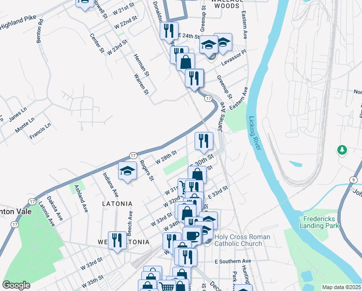 map of restaurants, bars, coffee shops, grocery stores, and more near 8 West 28th Street in Covington