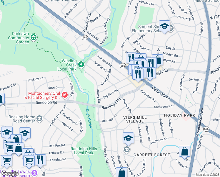 map of restaurants, bars, coffee shops, grocery stores, and more near 4504 Gridley Road in Silver Spring