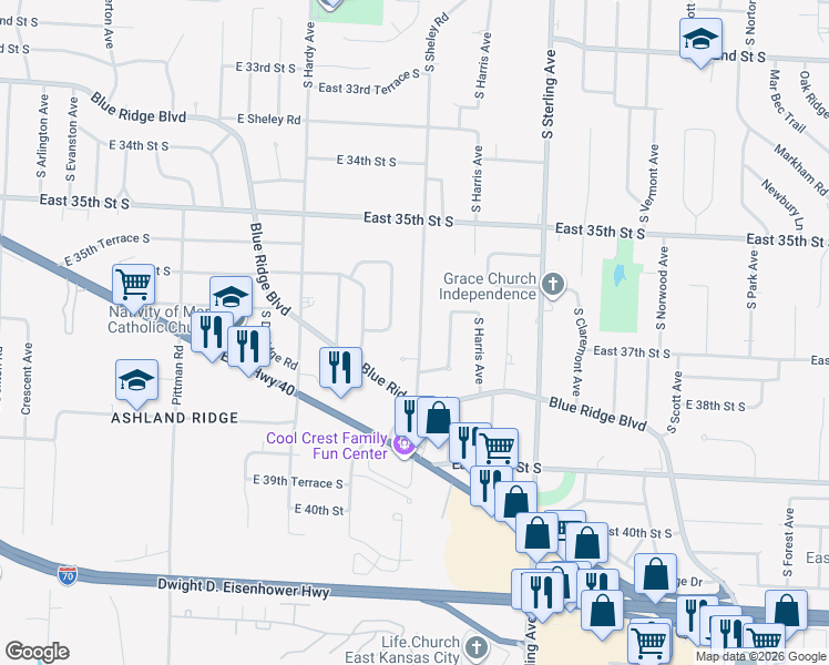 map of restaurants, bars, coffee shops, grocery stores, and more near 3620 South Northern Boulevard in Independence