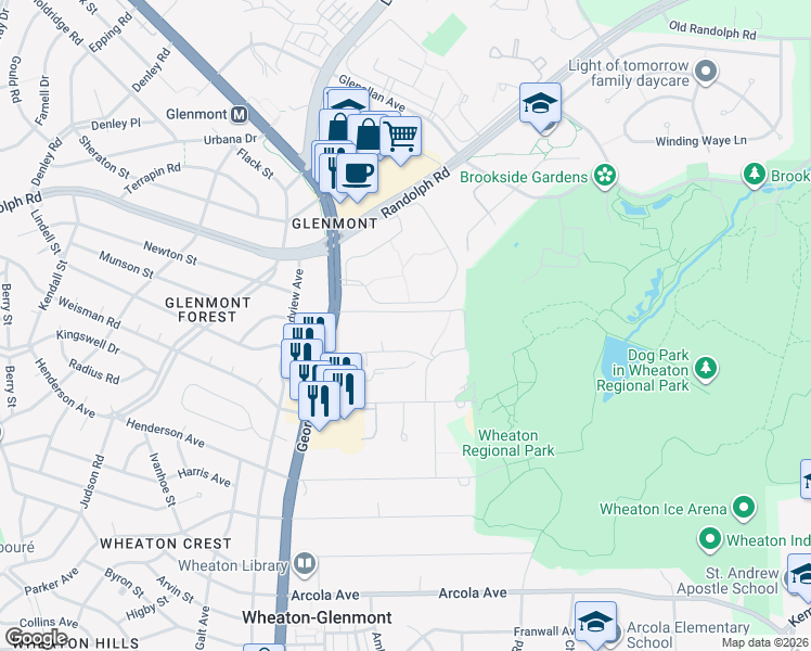map of restaurants, bars, coffee shops, grocery stores, and more near 2234 Georgian Woods Place in Silver Spring