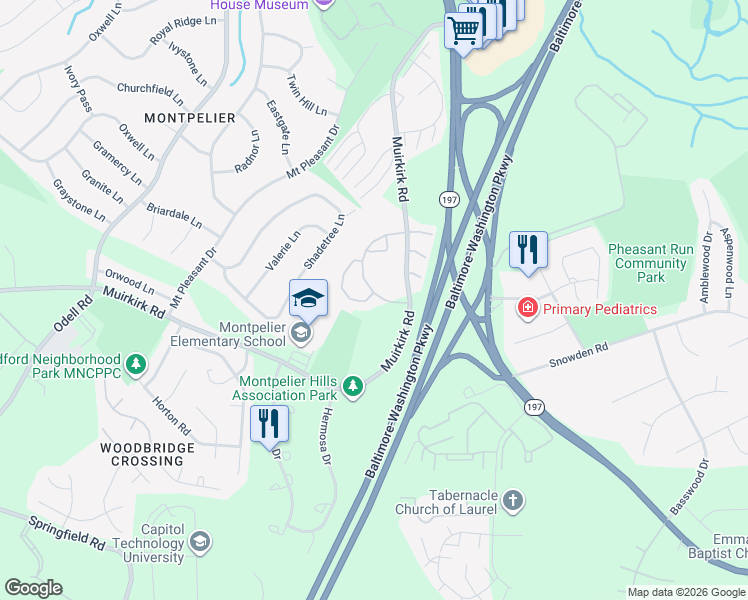 map of restaurants, bars, coffee shops, grocery stores, and more near 9200 Ispahan Loop in Laurel