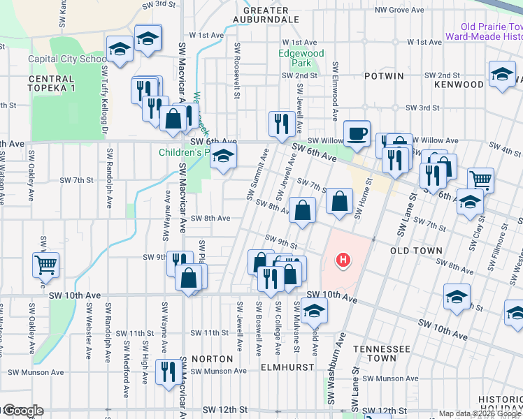 map of restaurants, bars, coffee shops, grocery stores, and more near 804 SW Lindenwood Ave in Topeka