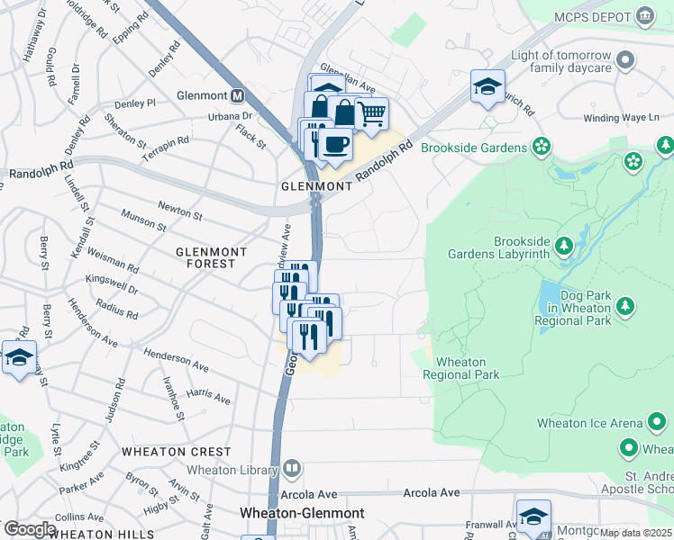 map of restaurants, bars, coffee shops, grocery stores, and more near 12143 Georgia Avenue in Silver Spring