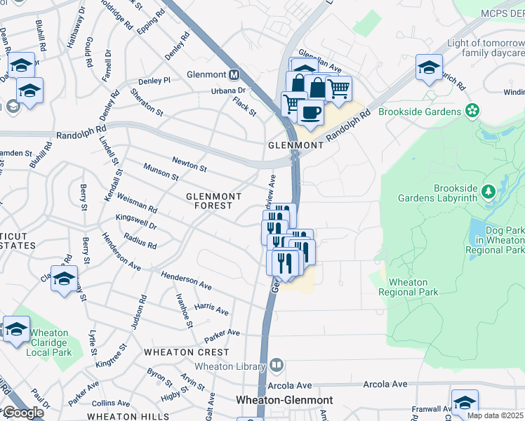 map of restaurants, bars, coffee shops, grocery stores, and more near 12206 Grandview Avenue in Silver Spring