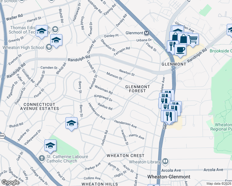 map of restaurants, bars, coffee shops, grocery stores, and more near 2809 Weisman Road in Wheaton-Glenmont