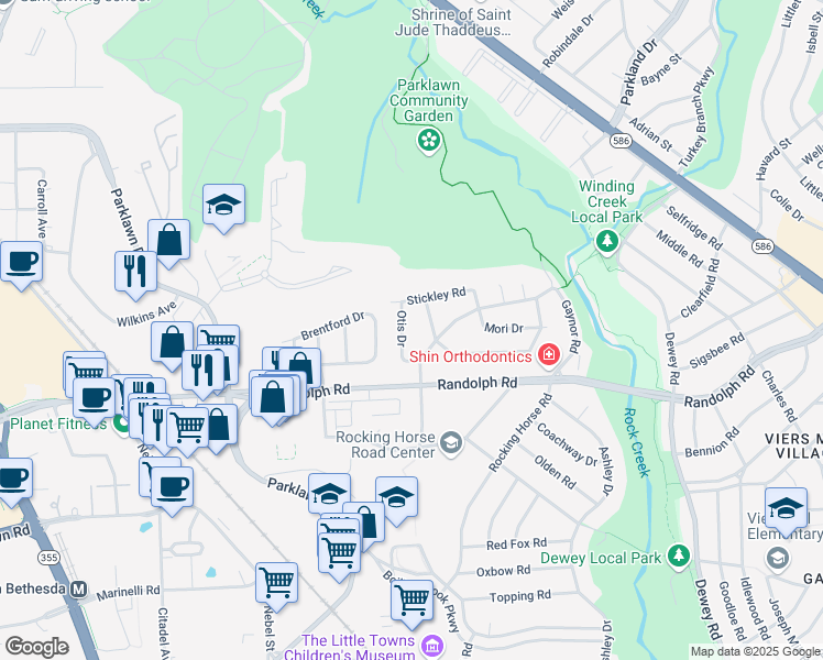 map of restaurants, bars, coffee shops, grocery stores, and more near 12109 Otis Drive in Rockville