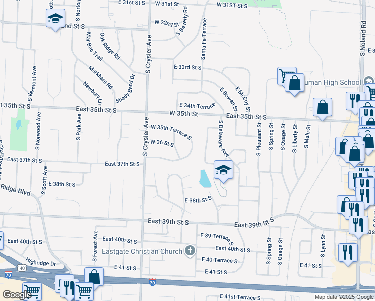 map of restaurants, bars, coffee shops, grocery stores, and more near 1100 West 36 Terrace South in Independence