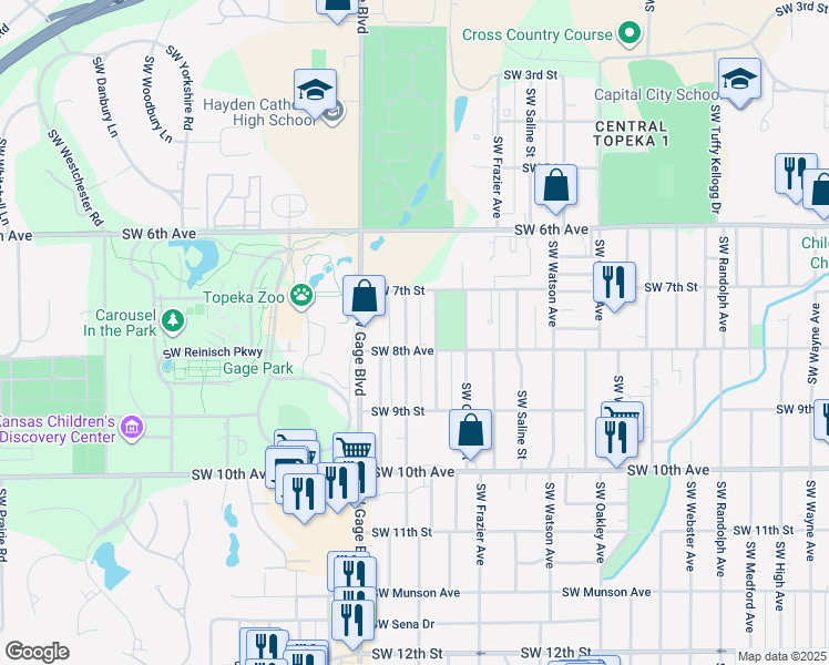 map of restaurants, bars, coffee shops, grocery stores, and more near 728 Southwest Cambridge Avenue in Topeka