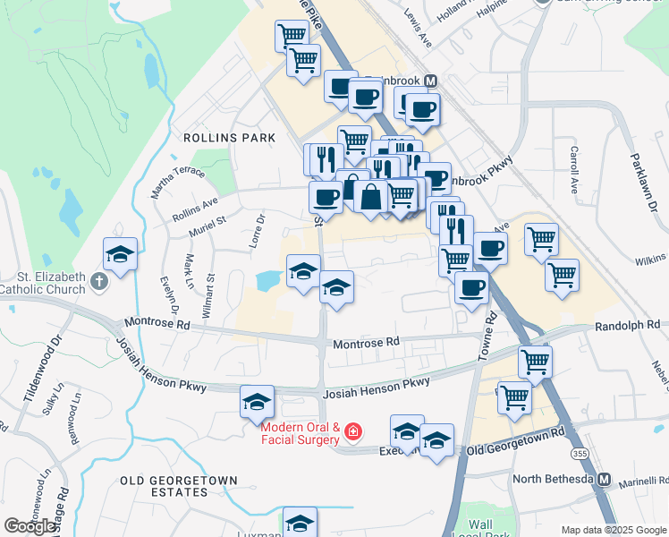 map of restaurants, bars, coffee shops, grocery stores, and more near 6050 California Circle in North Bethesda