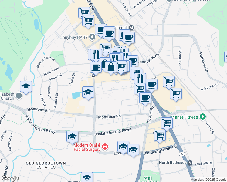 map of restaurants, bars, coffee shops, grocery stores, and more near 6060 California Circle in Rockville
