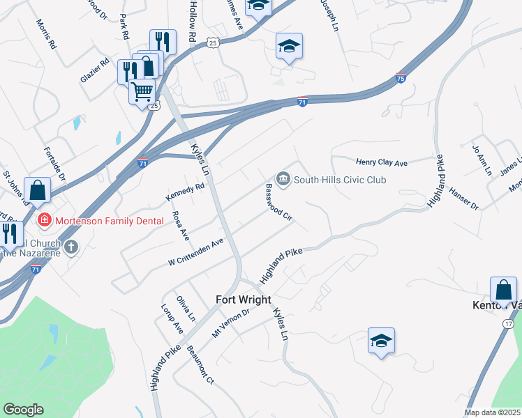 map of restaurants, bars, coffee shops, grocery stores, and more near 1612 East Crittenden Avenue in Fort Wright