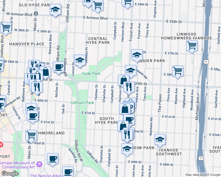 map of restaurants, bars, coffee shops, grocery stores, and more near 3916 Campbell Street in Kansas City