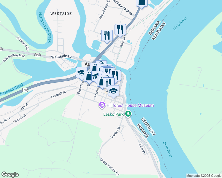 map of restaurants, bars, coffee shops, grocery stores, and more near 233 Main Street in Aurora