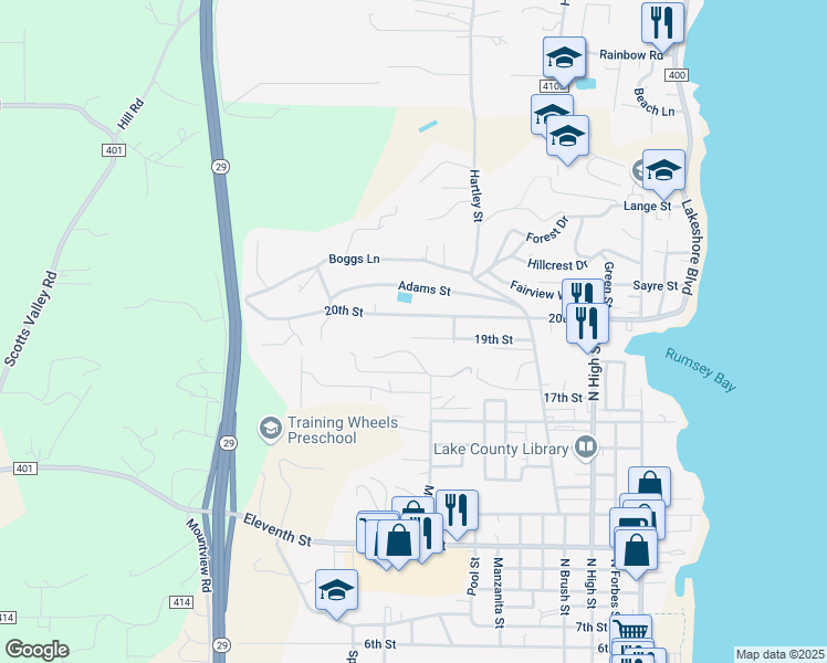 map of restaurants, bars, coffee shops, grocery stores, and more near 992 19th Street in Lakeport