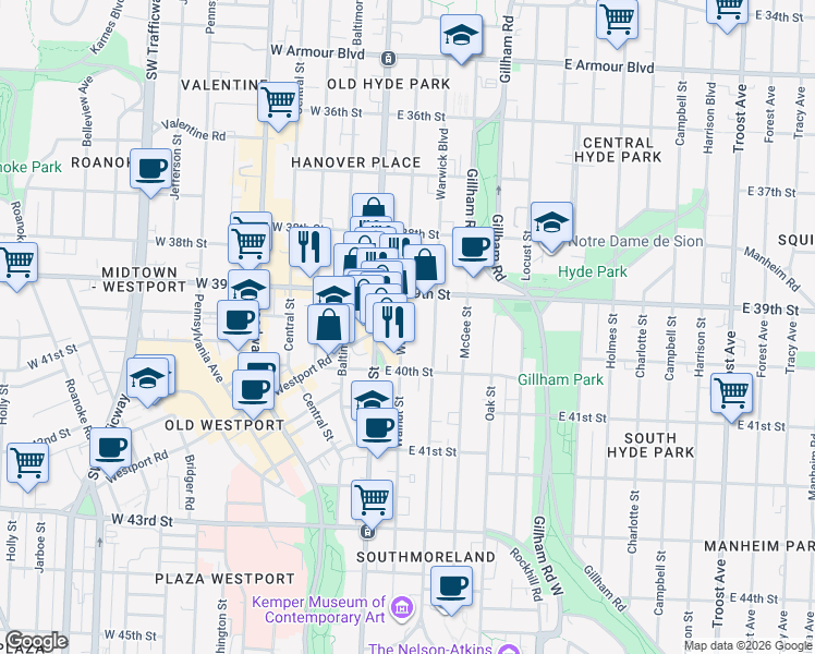 map of restaurants, bars, coffee shops, grocery stores, and more near 3931 Main Street in Kansas City