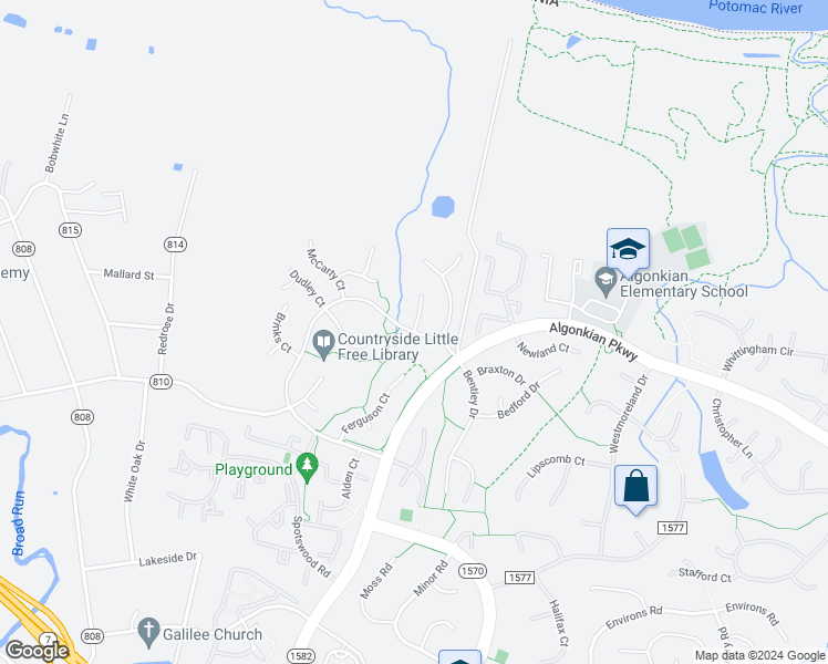 map of restaurants, bars, coffee shops, grocery stores, and more near 10 McPherson Circle in Sterling
